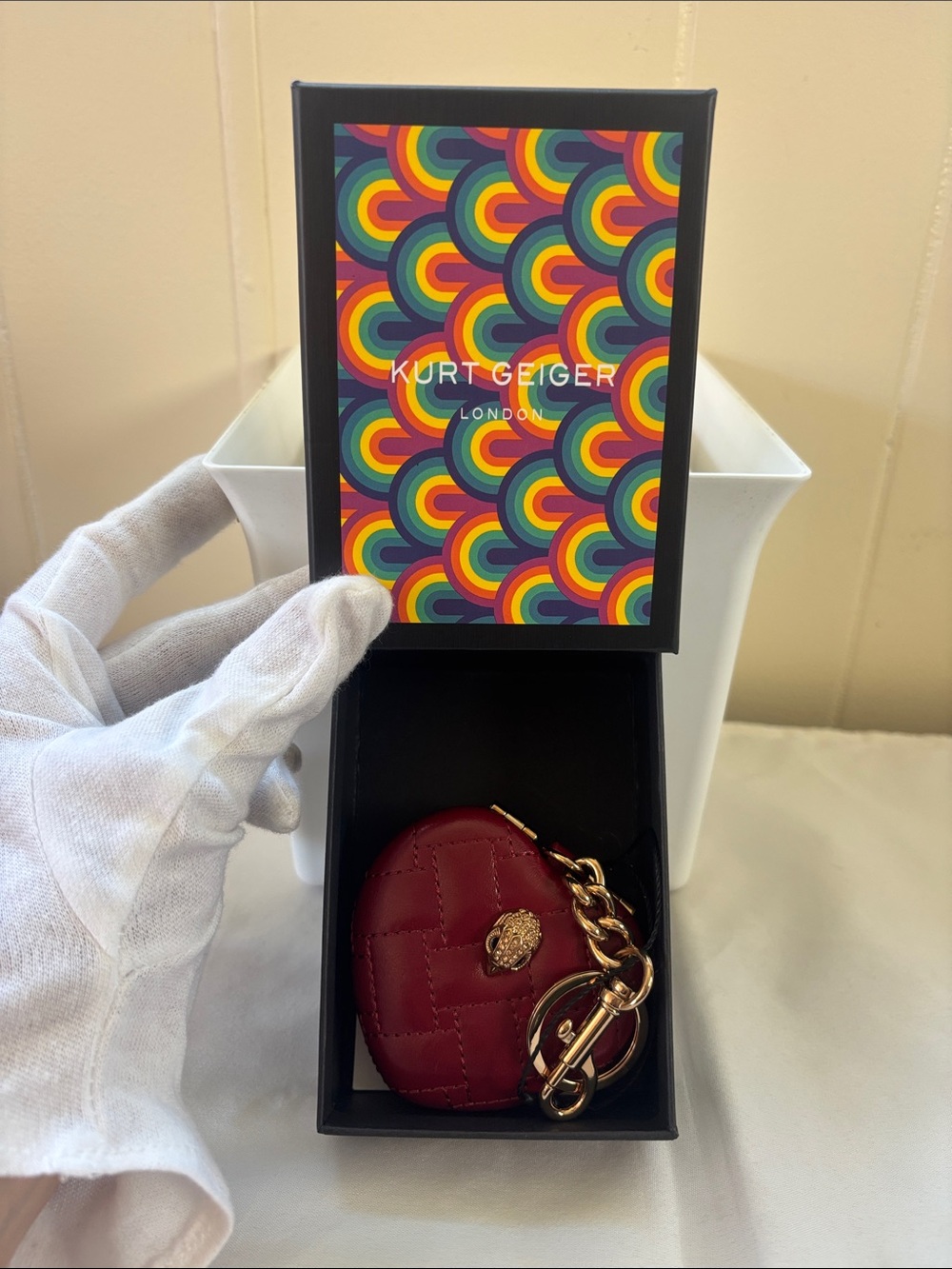 Kurt Geiger Burgundy Quilted Leather Mini Key Pouch with Gold Chain